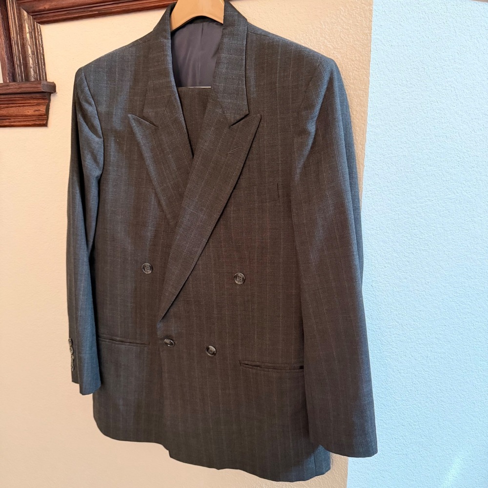 John Henry Double Breasted Suit Gray Plaid Wool Blend Pleated Pants 40R/34x29 - Picture 3 of 11